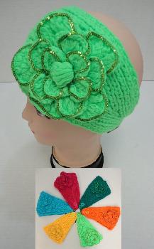Wider Hand Knitted Ear Band--Flower with Sequins
